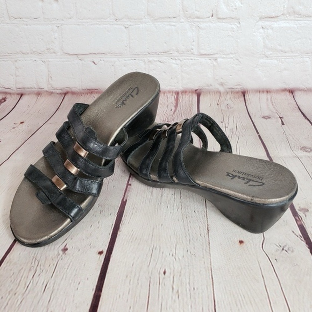 Clarks Bendables Black Bronze Slide Wedge Heel Sandals (Women’s size 7.5)